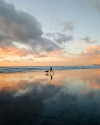 Silhouette person with dog at beach against sky during sunset