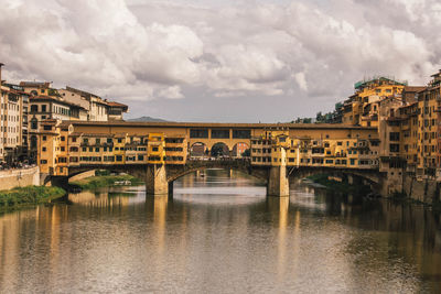 Arch bridge over river against sky in city