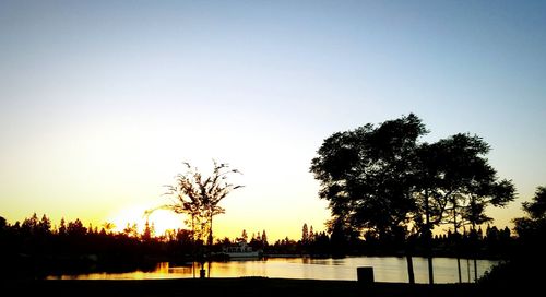 Silhouette trees in front of lake at sunset