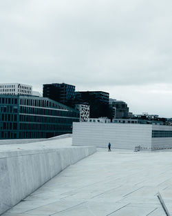 People on building in city against sky