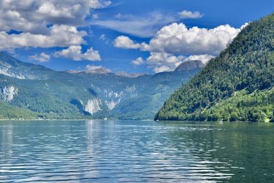 Scenic view of lake by mountains against sky