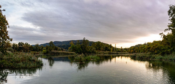 Scenic view of lake by trees against sky