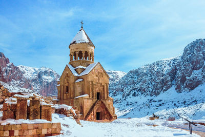 Geghard monastery armenia in snow mountain