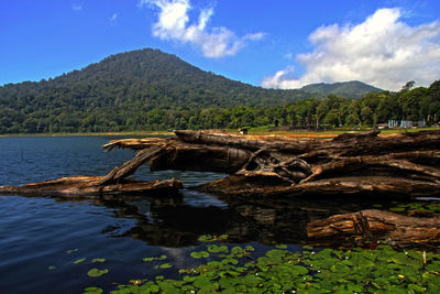 Scenic view of lake and mountains against sky