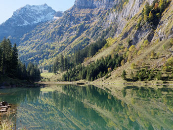 Scenic view of lake and mountains against sky