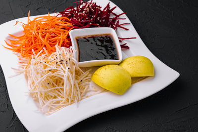 High angle view of food in plate on table