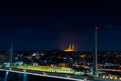 Illuminated buildings against sky at night