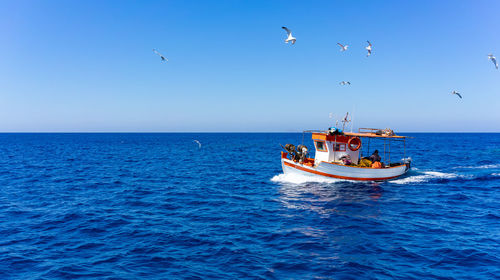 Orange and white fishing boat followed by seagulls on aegean sea. blue sky and sunny day