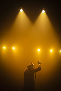 Rear view of man singing while clapping during concert