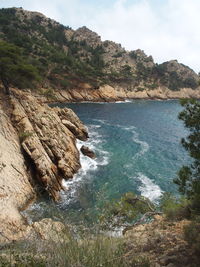 Scenic view of sea and mountains against sky