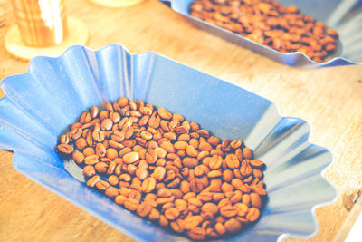 High angle view of coffee beans on table