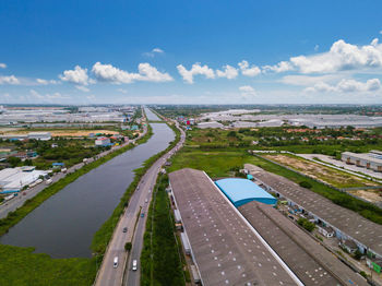 High angle view of cityscape against sky