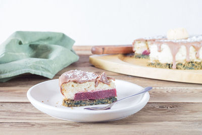 Close-up of cake in plate on table