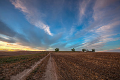 Empty road amidst agricultural field against sky