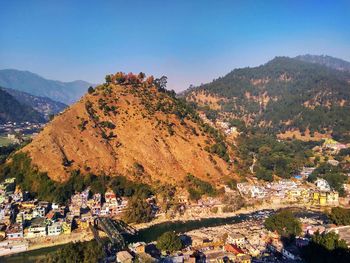 High angle view of plants and mountains against sky