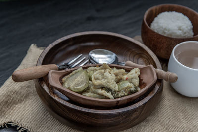 High angle view of rice in bowl on table