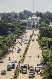 High angle view of vehicles on road in city