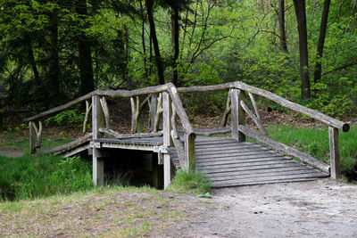 Wooden footbridge against trees in forest