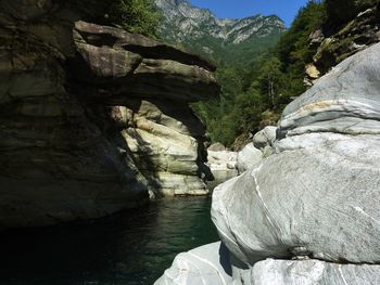 Scenic view of river amidst mountains