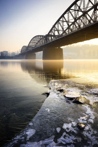 Bridge over river against sky during sunset