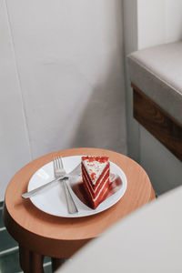 High angle view of cake in plate on table