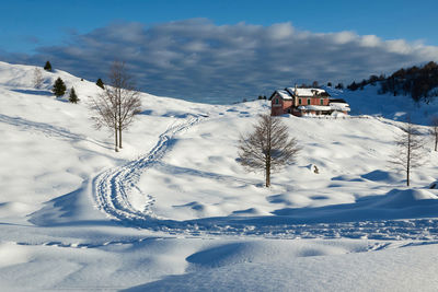 Winter landscape of plateau campogrosso vicenza, italy, with footprints on the snowy path