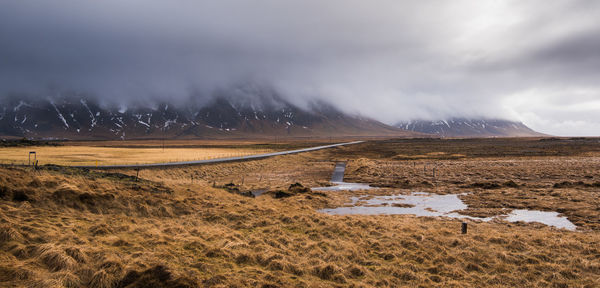 Scenic view of field against sky during winter