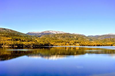 Scenic view of lake and mountains against clear blue sky