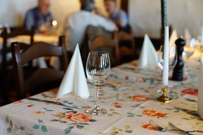 Wine glasses on table in restaurant