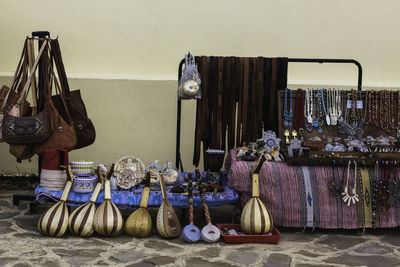 High angle view of objects on table