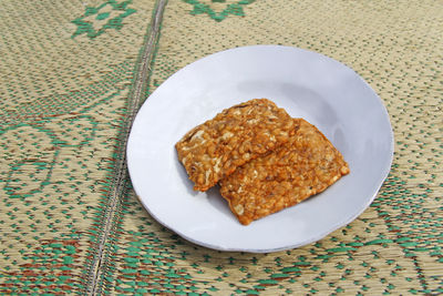 High angle view of dessert served on table