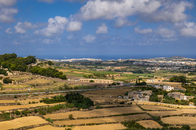 High angle view of field against sky