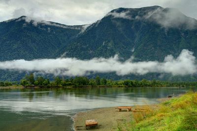 Scenic view of lake against cloudy sky