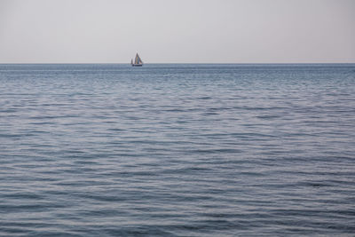 Sailboat sailing on sea against clear sky