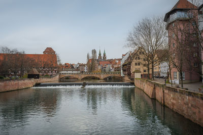 Buildings by river against clear sky