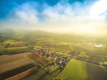 High angle view of agricultural field against sky