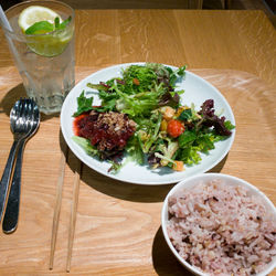 High angle view of salad in bowl on table