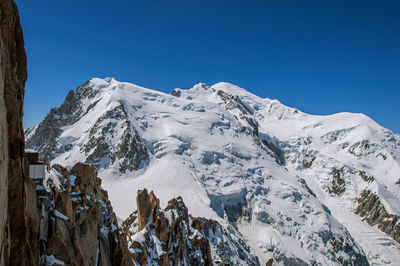 Low angle view of snowcapped mountains against clear blue sky