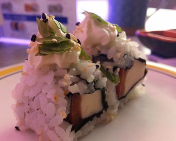 Close-up of sushi served in plate