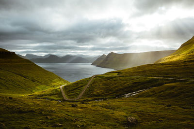 Scenic view of mountains against cloudy sky