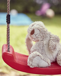 Close-up of stuffed toy on swing