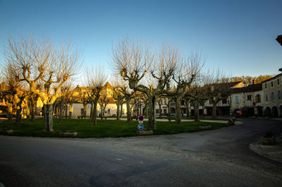 Street by trees and buildings against sky