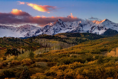 Scenic view of snowcapped mountains against sky during sunset