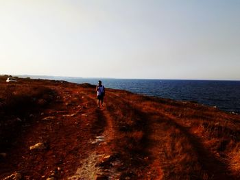 Rear view of man on sea against clear sky