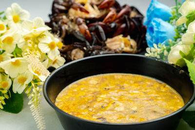 High angle view of meal in bowl on table