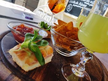 High angle view of meal served on table
