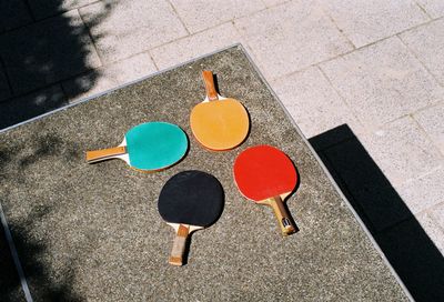 High angle view of table tennis rackets