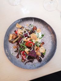High angle view of food in plate on table