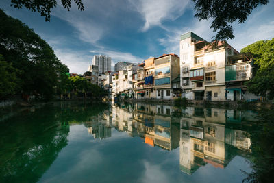 Reflection of buildings in lake against sky