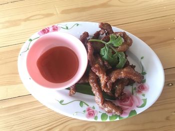 High angle view of breakfast served on table